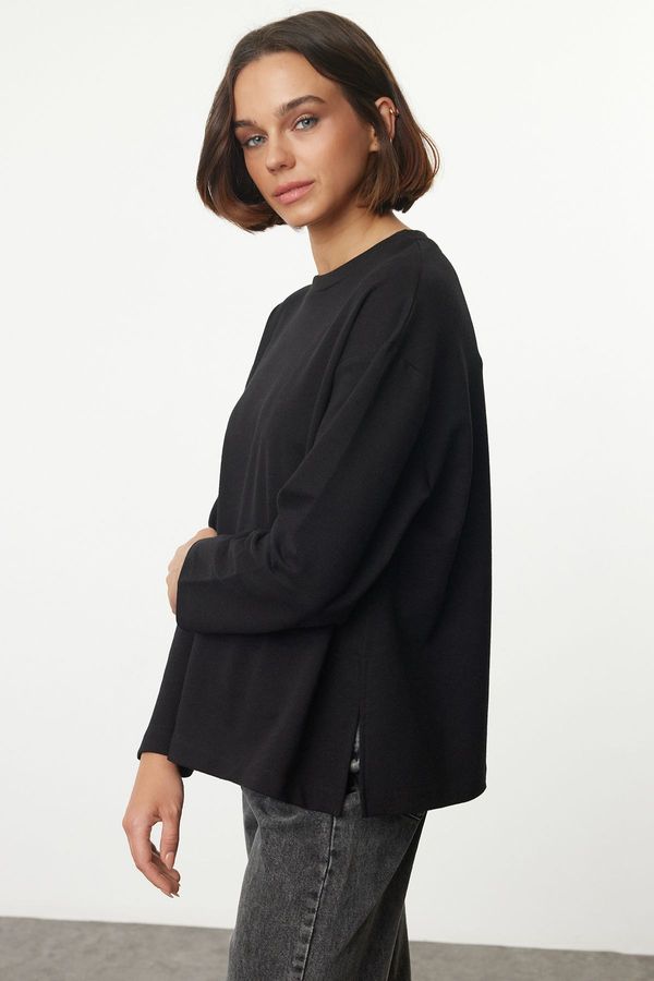 Trendyol Trendyol Black Basic Relaxed/Comfortable Cut Slit Detailed Long Sleeve Knitted Blouse