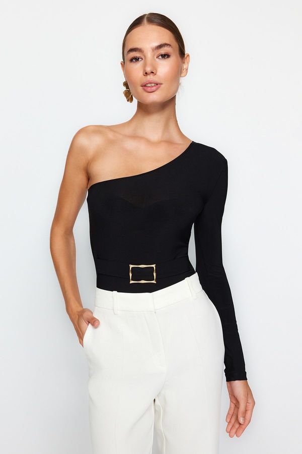 Trendyol Trendyol Black Belt Detailed One-Shoulder Fitted/Situated Snaps Elastic Knitted Body