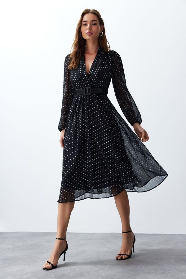 Trendyol Trendyol Black Belt Polka Dot Chiffon Lined Midi Woven Dress