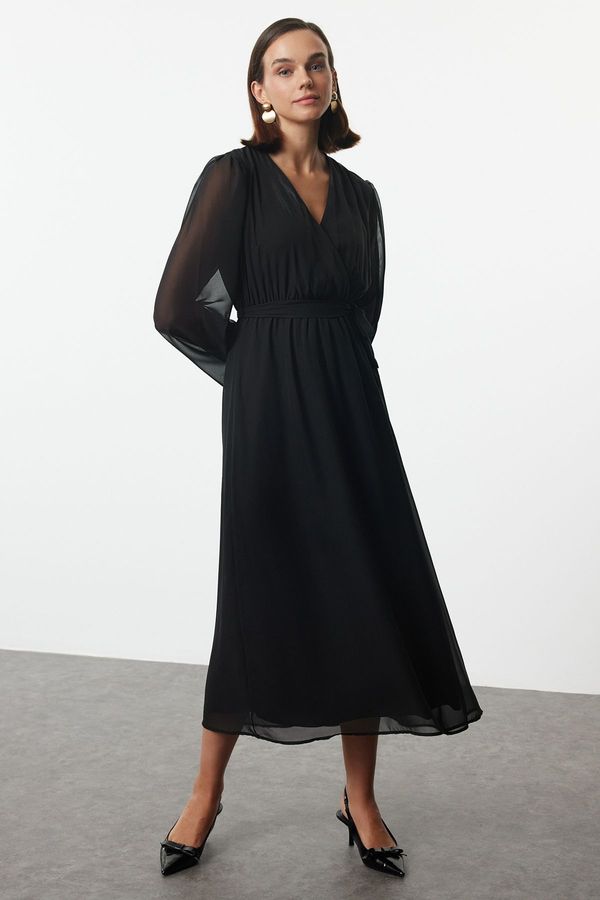 Trendyol Trendyol Black Belted A-Line Double Breasted Collar Lined Chiffon Maxi Woven Dress