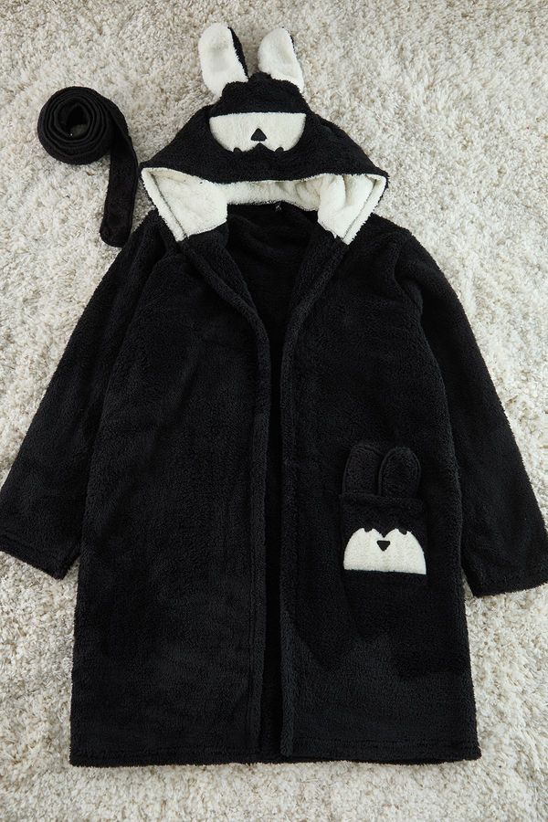 Trendyol Trendyol Black Belted Animal Figured Pocket Hooded Wellsoft Winter Knitted Dressing Gown