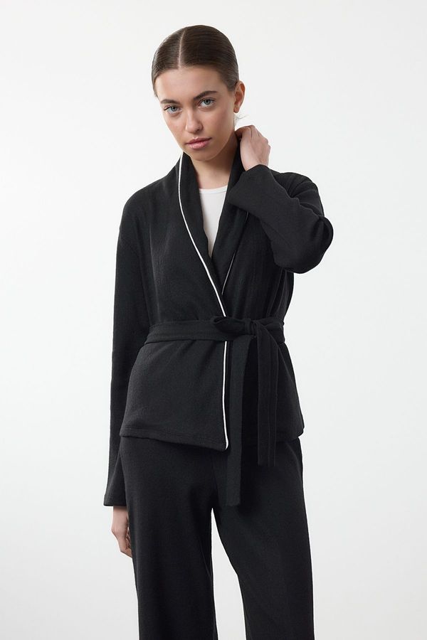 Trendyol Trendyol Black Belted Brushed Soft Ribbed Piping and Double Breasted Detailed Knitted Pajama Set