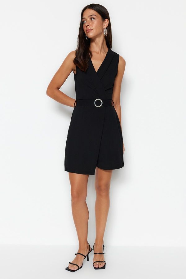 Trendyol Trendyol Black Belted Double Breasted Collar Crepe Mini Knitted Jumpsuit
