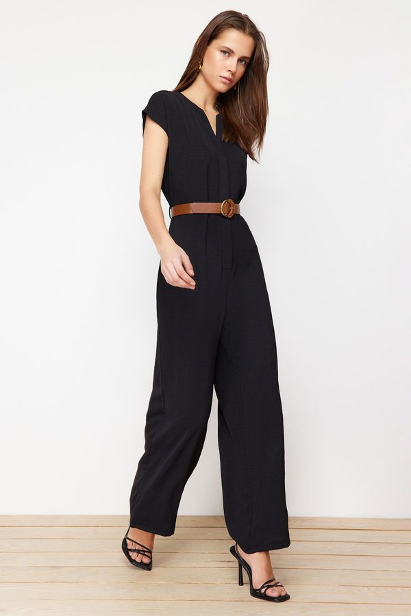 Trendyol Trendyol Black Belted Double Breasted Collar Sleeveless Maxi Woven Jumpsuit