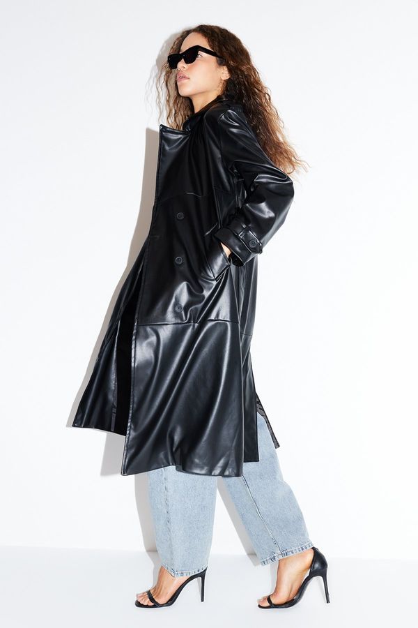 Trendyol Trendyol Black Belted Faux Leather Trench Coat