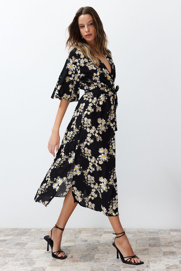 Trendyol Trendyol Black Belted Floral Pattern A-Line Double Breasted Neck Midi Woven Midi Woven Midi Dress