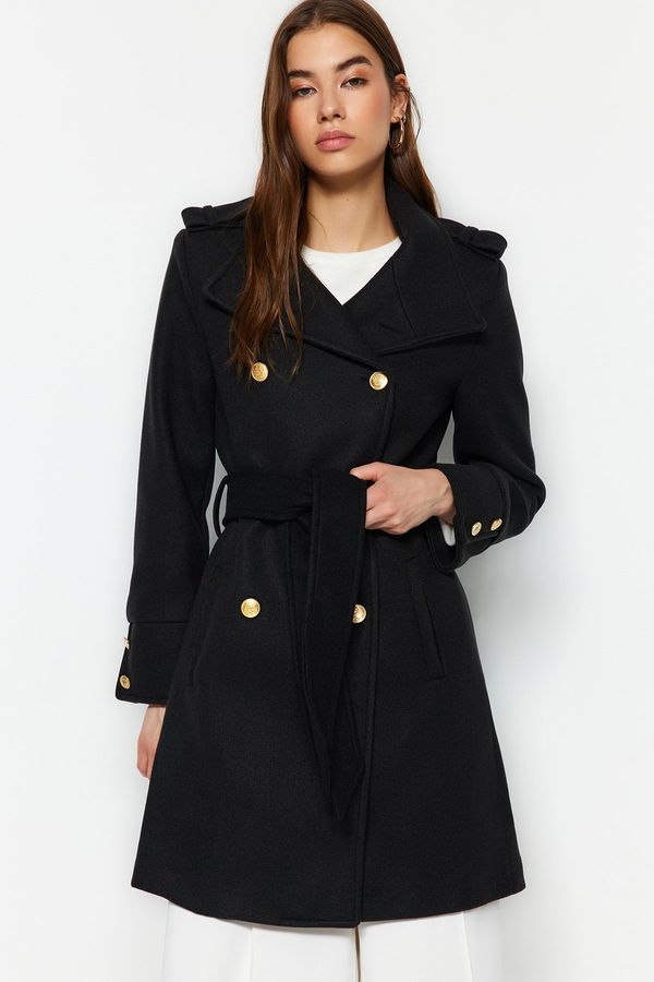 Trendyol Trendyol Black Belted Gold Button Detailed Stamp Coat