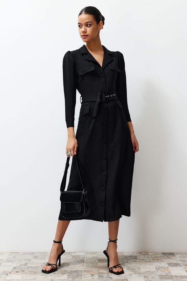 Trendyol Trendyol Black Belted Linen Look Woven Shirt Dress