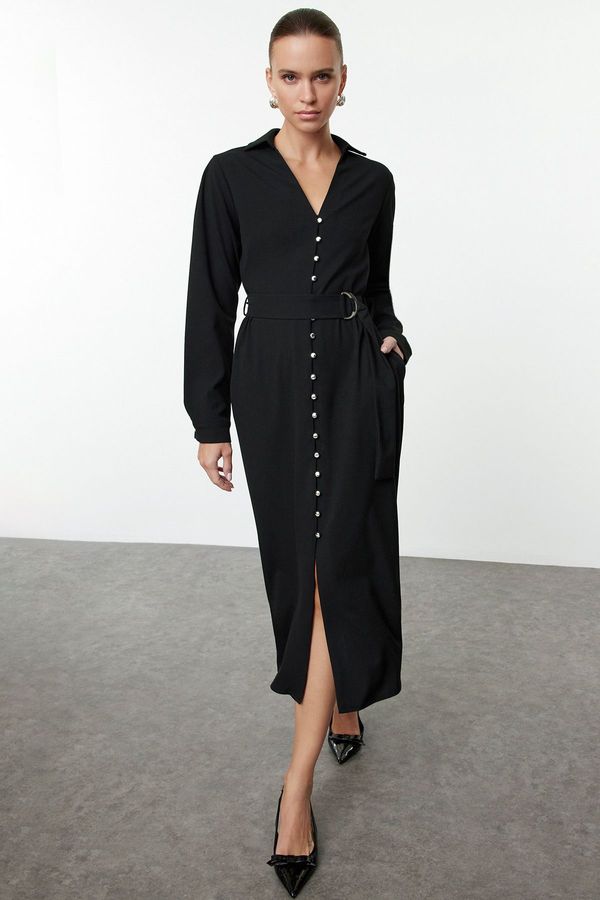 Trendyol Trendyol Black Belted Maxi Button Detailed Woven Dress