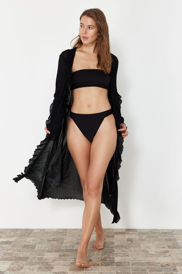 Trendyol Trendyol Black Belted Maxi Knitted Ruffle Kimono&Kaftan