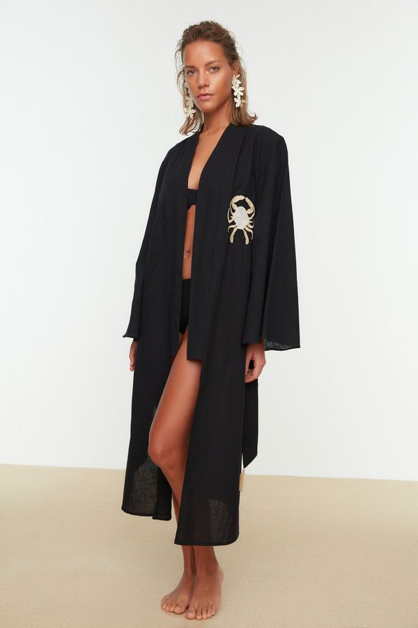 Trendyol Trendyol Black Belted Midi Woven Embroidered 100% Cotton Kimono & Kaftan