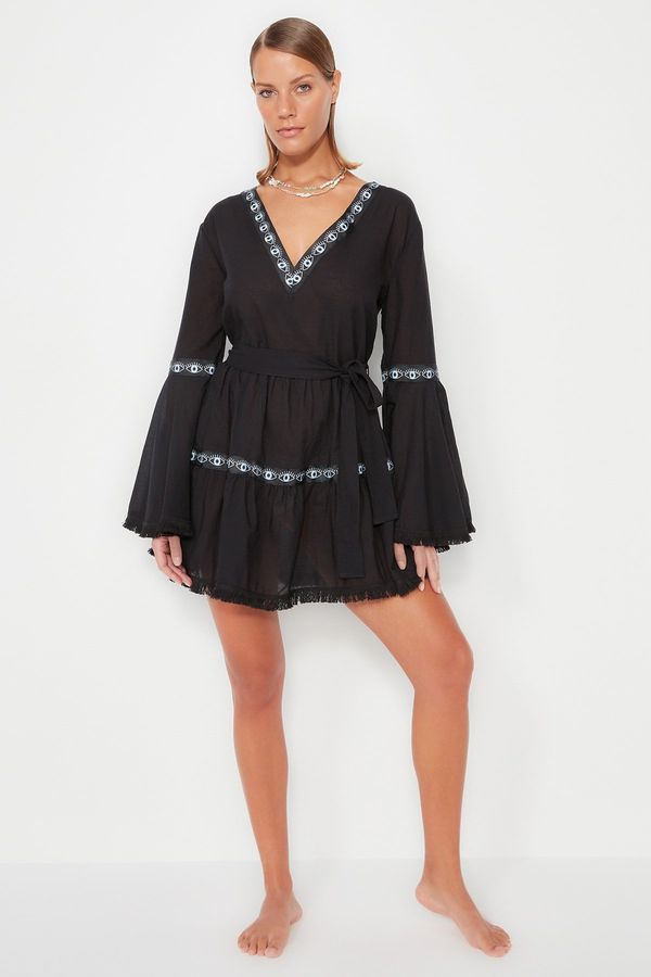 Trendyol Trendyol Black Belted Mini Weave and Ruffled 100% Cotton Beach Dress