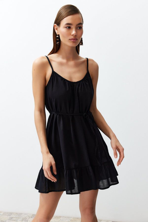 Trendyol Trendyol Black Belted Mini Woven Ruffled Beach Dress