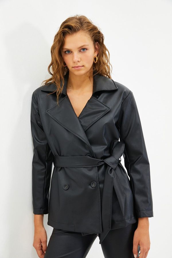 Trendyol Trendyol Black Belted Oversize Faux Leather Blazer Jacket with Woven Lining