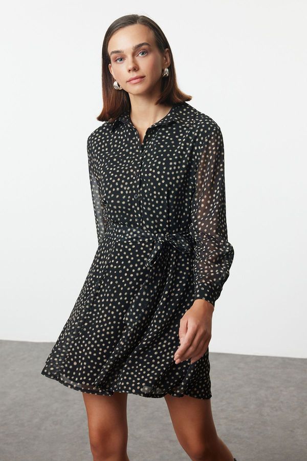 Trendyol Trendyol Black Belted Polka Dot Waist Opening Lined Chiffon Woven Winter Dress