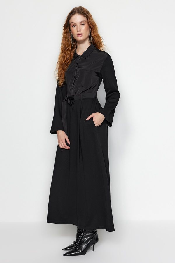 Trendyol Trendyol Black Belted Satin Detail Cotton Pocket Knitted Dress