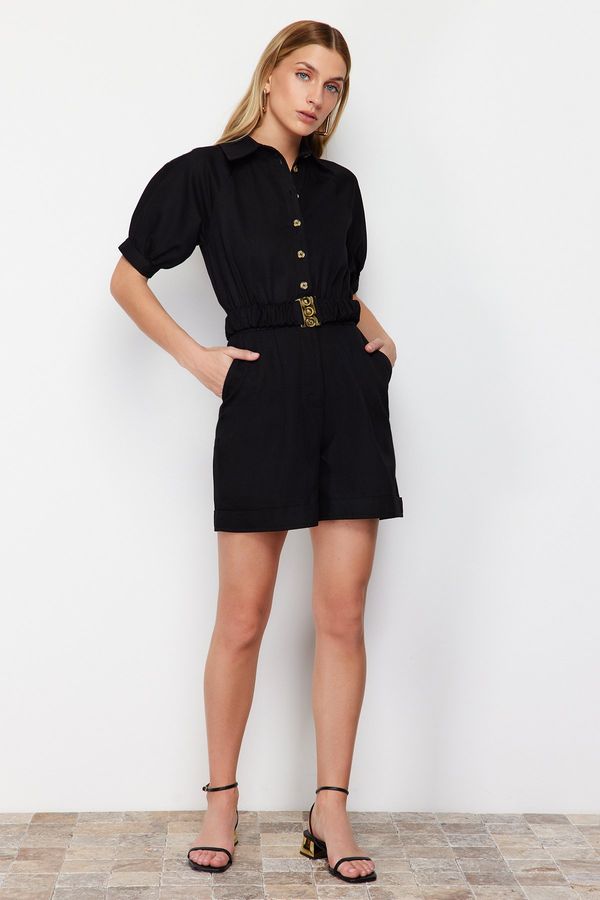 Trendyol Trendyol Black Belted Shirt Collar Gabardine Mini Woven Overalls