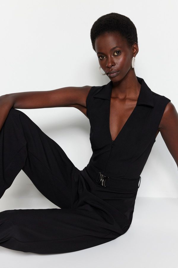 Trendyol Trendyol Black Belted Shirt Collar Maxi Woven Jumpsuit