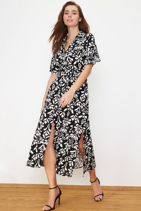 Trendyol Trendyol Black Belted Slit Floral Patterned Midi Woven Shirt Dress