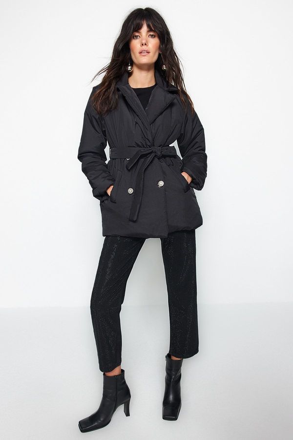 Trendyol Trendyol Black Belted Stone Button Detailed Water Repellent Quilted Puffer Jacket