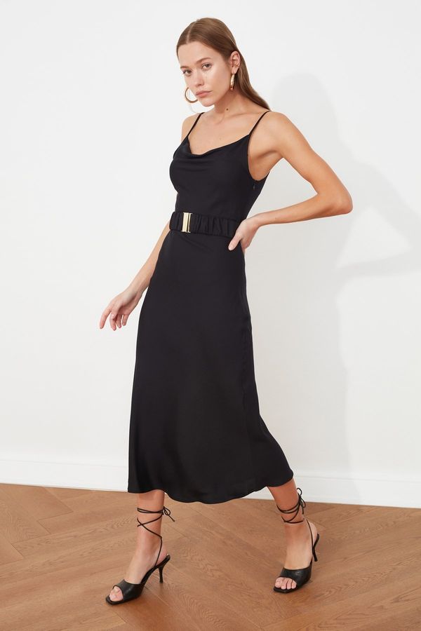 Trendyol Trendyol Black Belted Straight Cut Degaje Collar Midi Woven Dress