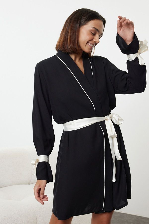 Trendyol Trendyol Black Belted Tie/Ribbon/Bow and Piping Detailed Woven Dressing Gown