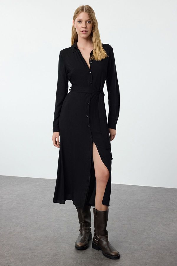 Trendyol Trendyol Black Belted Viscose Midi Woven Shirt Dress