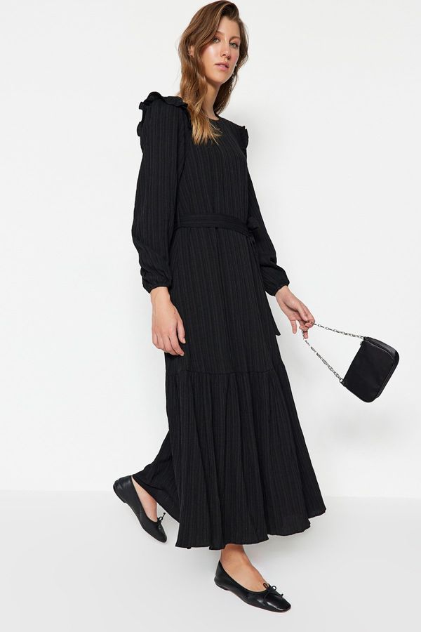 Trendyol Trendyol Black Belted Viscose-Mixed Woven Dress with Ruffled Shoulder Frills Skirt