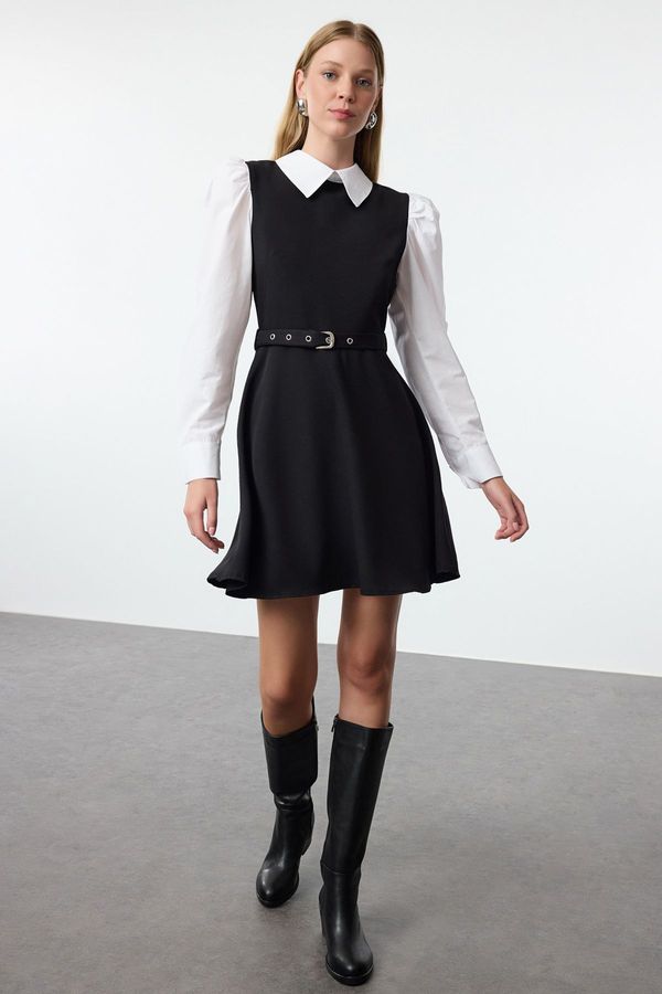 Trendyol Trendyol Black Belted Waist Opening Combined Shirt Mini Woven Dress