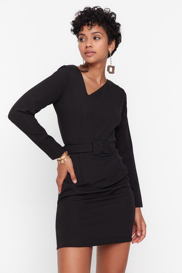 Trendyol Trendyol Black Belted Woven Asymmetric Collar Woven Dress