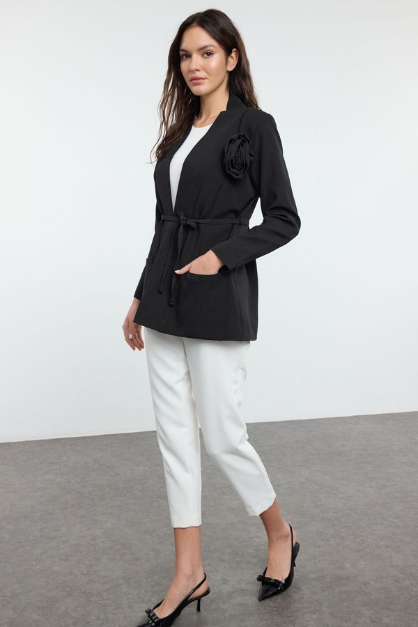 Trendyol Trendyol Black Belted Woven Jacket with Flower Detail on Collar