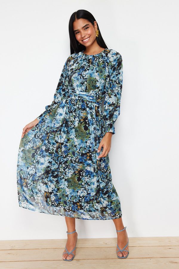 Trendyol Trendyol Black Blue Floral Sash Detailed Woven Dress