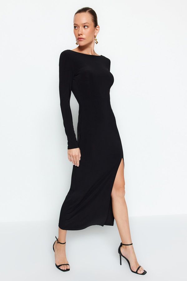 Trendyol Trendyol Black Boat Neck Backless Slit Fitted Maxi Flexible Knitted Dress