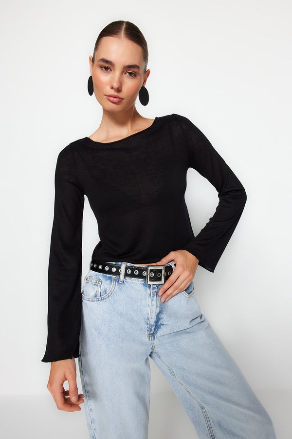 Trendyol Trendyol Black Boat Neck Regular Fit Crop Knitted Blouse