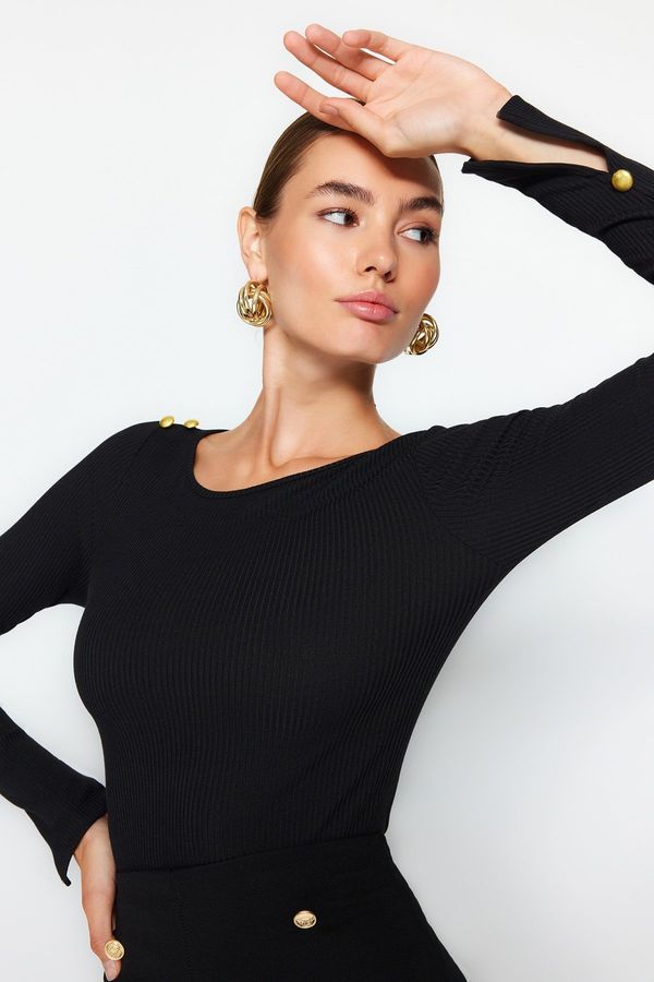 Trendyol Trendyol Black Boat Neck Ribbed Flexible Regular Fit Long Sleeve Button Detailed Knitted Blouse