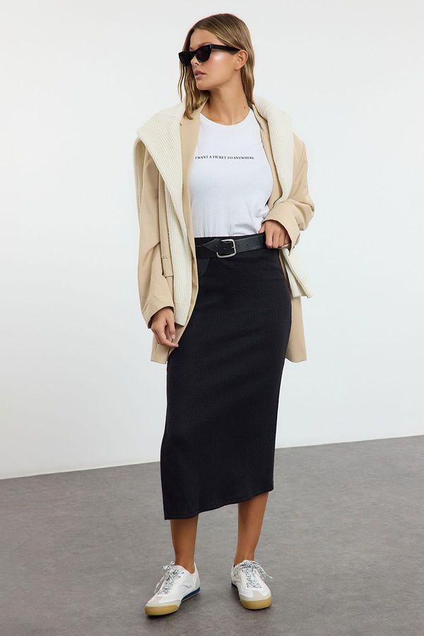 Trendyol Trendyol Black Body-Fitting Elastic Waist Midi Normal Waist Slit Pencil Skirt