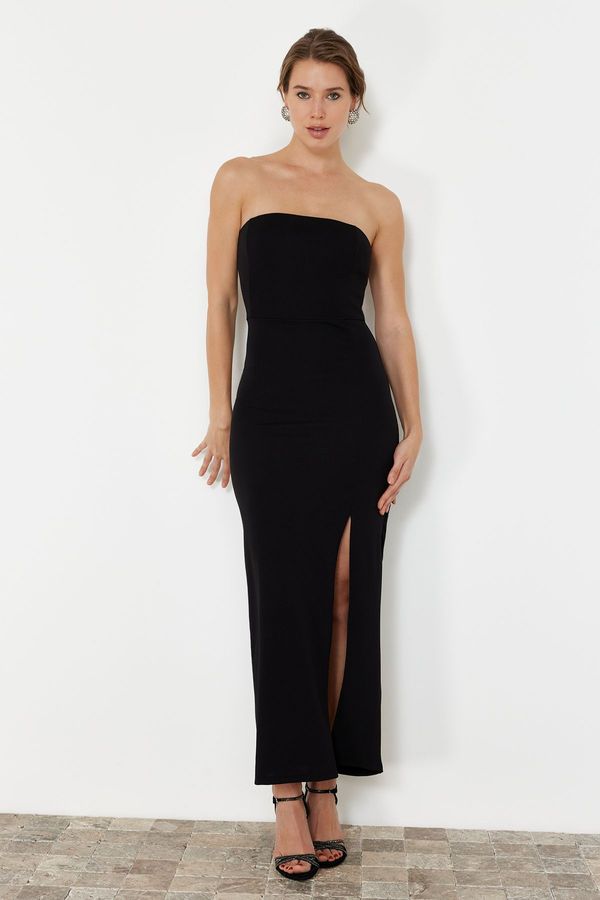 Trendyol Trendyol Black Body-Fitting Lined Knitted Ribbed Long Evening Dress