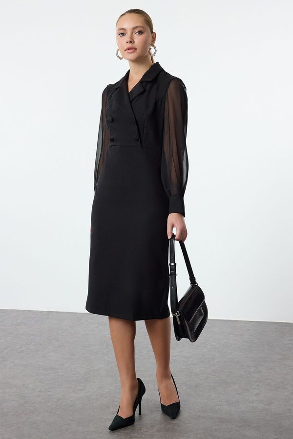 Trendyol Trendyol Black Body-hugging Chiffon Sleeve Detailed Midi Woven Dress