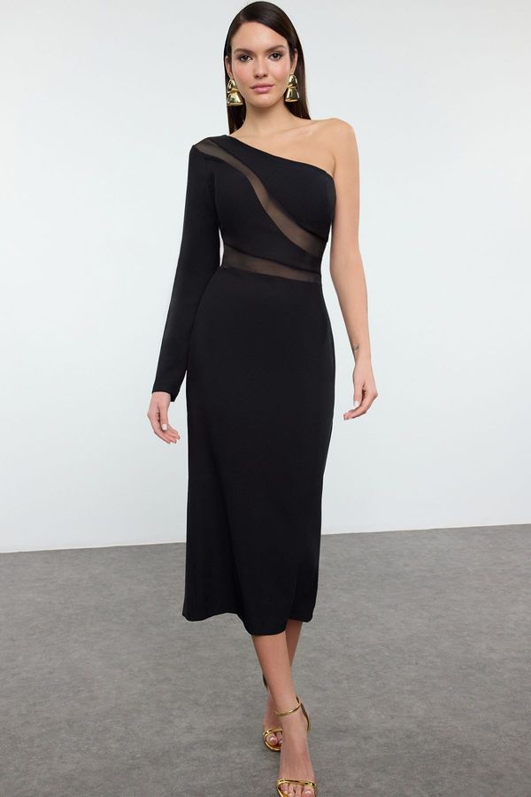 Trendyol Trendyol Black Body-Sit Asymmetrical Collar Single Sleeve Woven Elegant Evening Dress