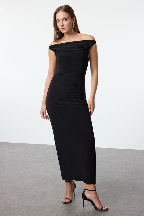 Trendyol Trendyol Black Body-Sit Carmen Collar Knitted Elegant Evening Dress