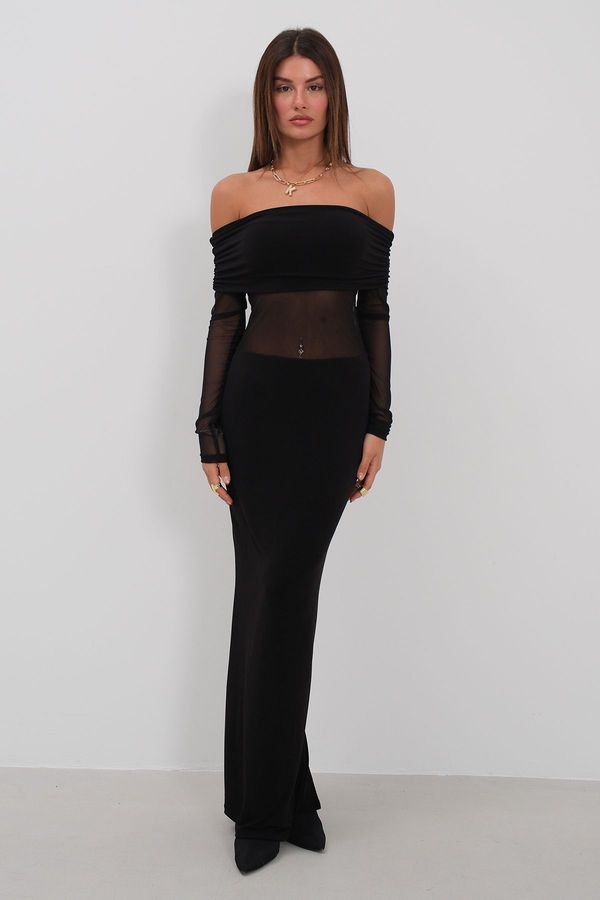 Trendyol Trendyol Black Body-Sitting Carmen Collar Long Elegant Evening Dress