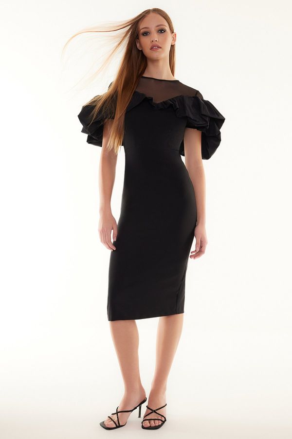 Trendyol Trendyol Black Body-Sitting Woven Collar Detailed Elegant Evening Dress