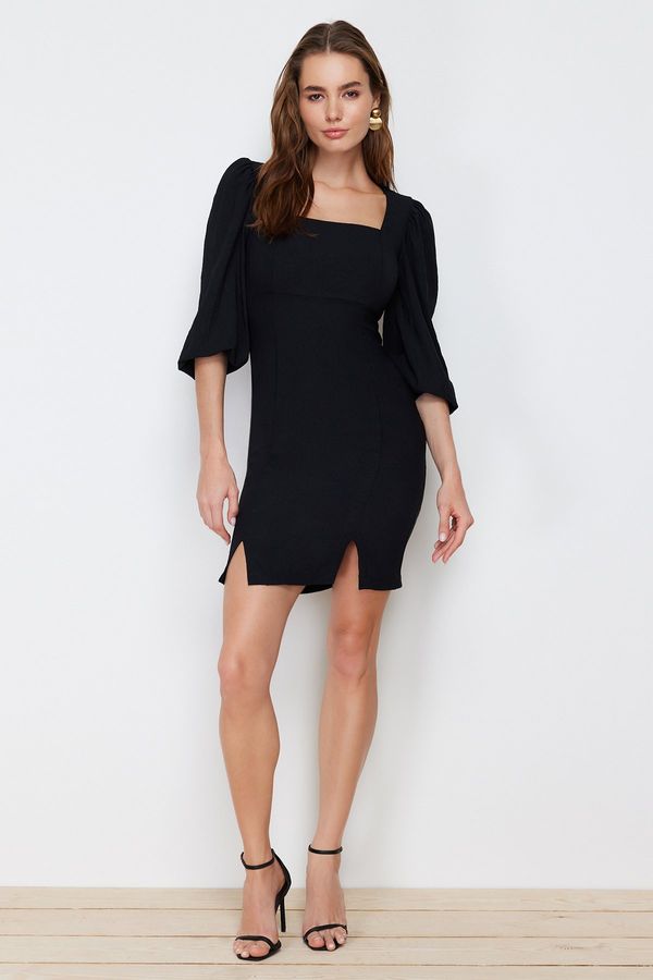 Trendyol Trendyol Black Body Wrap Square Collar Slit Mini Woven Dress