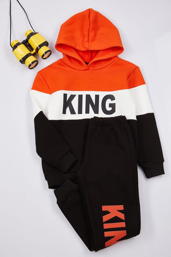 Trendyol Trendyol Black Boy's Slogan Printed Hooded Knitted Top-Bottom Set