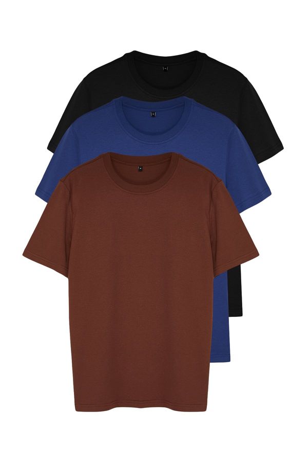 Trendyol Trendyol Black-Brown-Navy Blue Basic Slim 100% Cotton 3 Pack Short Sleeve T-Shirts