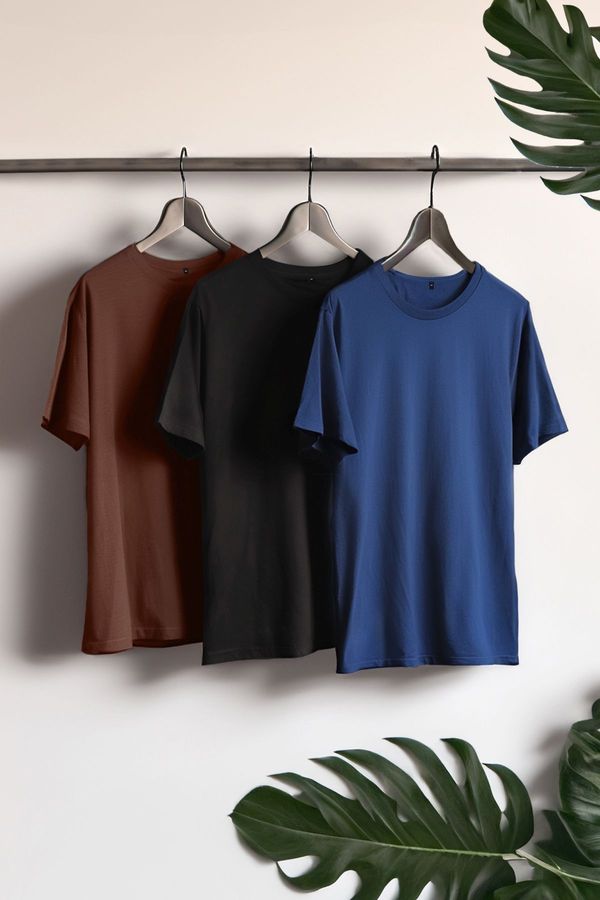Trendyol Trendyol Black-Brown-Navy Blue Basic Slim 100% Cotton 3 Pack Short Sleeve T-Shirts