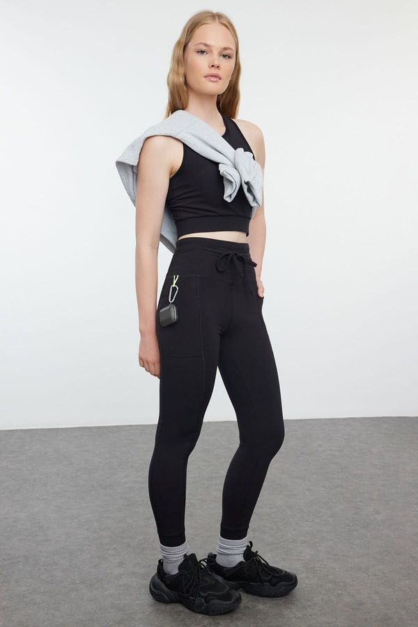 Trendyol Trendyol Black Brushed Soft Fabric Pocket and Tie Detailed Full Length Knitted Sports Leggings