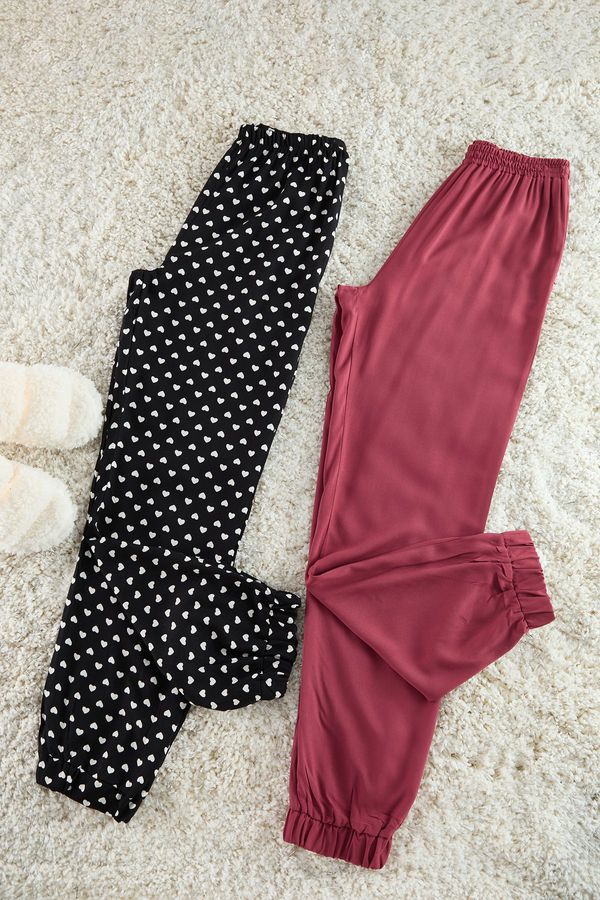 Trendyol Trendyol Black-Burgundy 2-Pack Heart Patterned Viscose Woven Pajama Bottoms