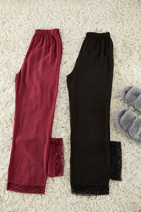 Trendyol Trendyol Black-Burgundy 2-Pack Lace Detailed Viscose Woven Pajama Bottoms