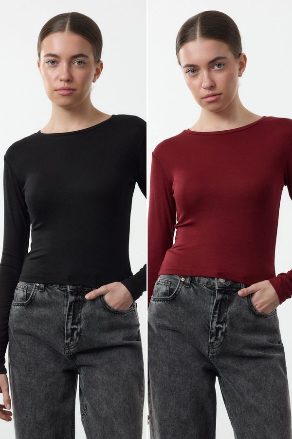 Trendyol Trendyol Black-Burgundy Double Pack Crop/Short Fitted/Body-Smoothing Knitted Blouse